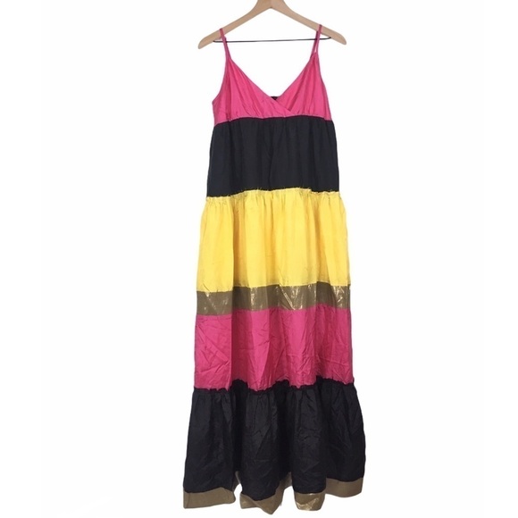 BB DAKOTA Sun Dress 100% Silk Maxi Tiered Bright Colorblock Vacay Summer Medium - Picture 12 of 12